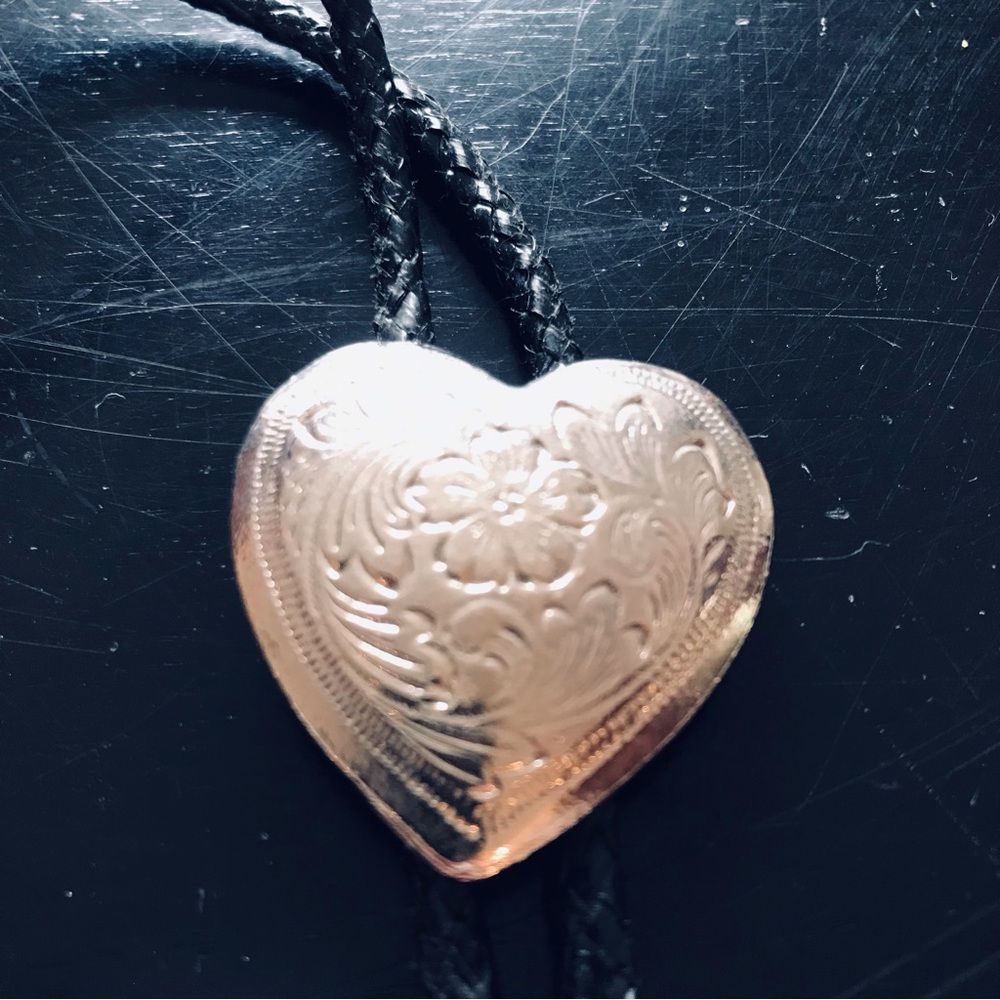 Engraved Floral Heart Bolo Tie with Black Cord
